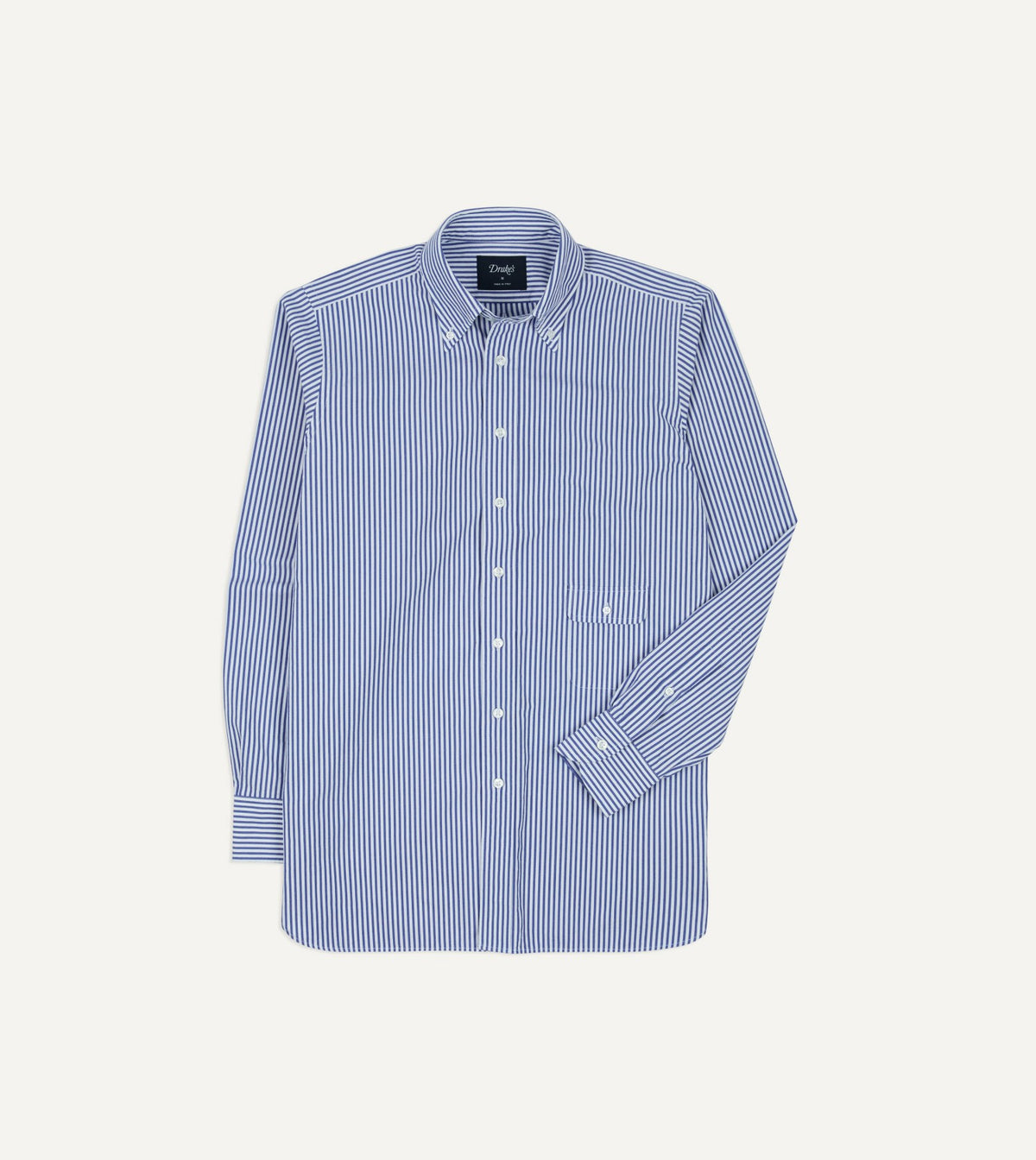 Drake's Blue and White Stripe Button-Down Collar Fob Pocket Shirt