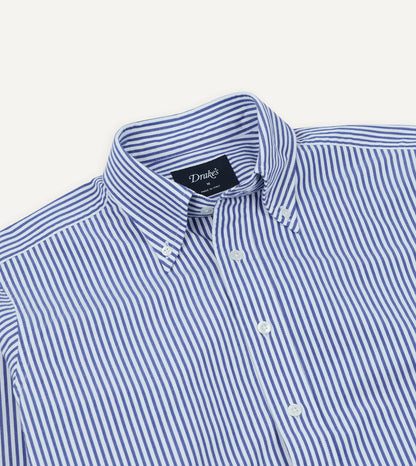 Drake's Blue and White Stripe Button-Down Collar Fob Pocket Shirt
