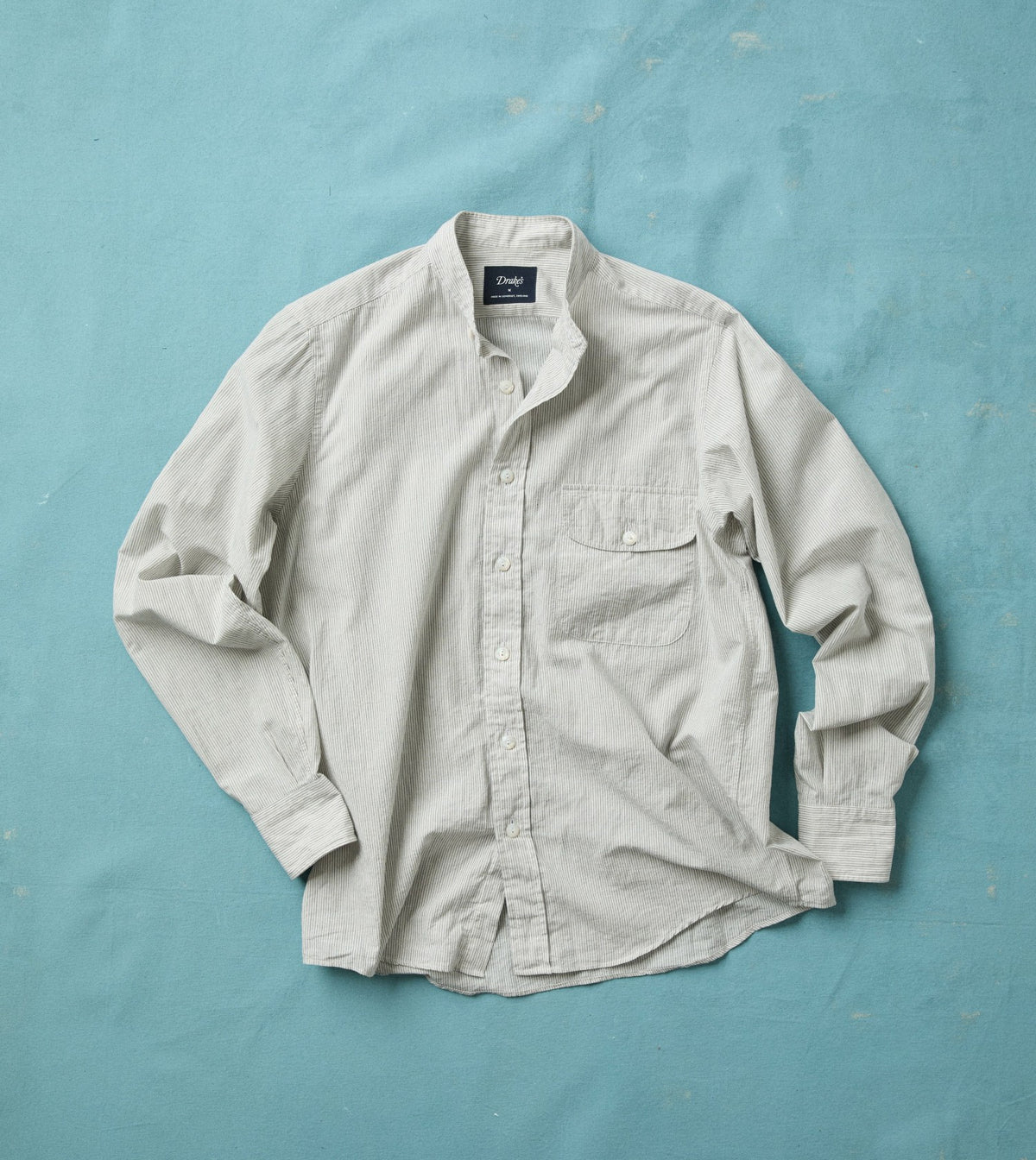 Drake's White and Navy Stripe Cotton Mandarin Collar Shirt