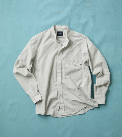 Drake's White and Navy Stripe Cotton Mandarin Collar Shirt