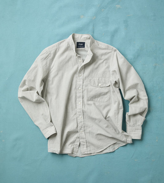 Drake's White and Navy Stripe Cotton Mandarin Collar Shirt