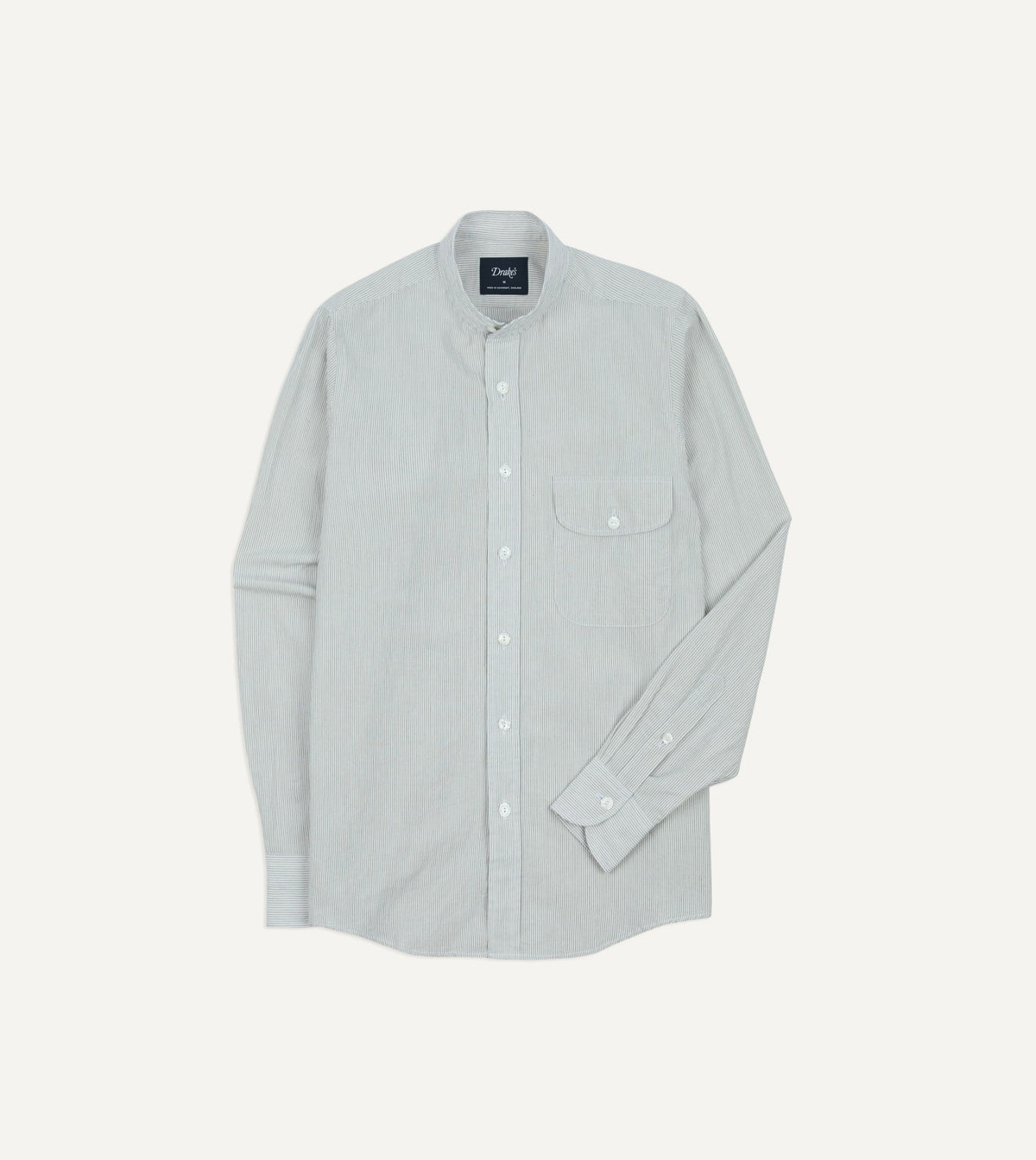 Drake's White and Navy Stripe Cotton Mandarin Collar Shirt
