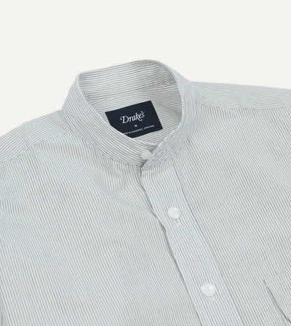 Drake's White and Navy Stripe Cotton Mandarin Collar Shirt