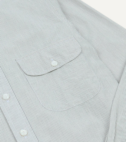 Drake's White and Navy Stripe Cotton Mandarin Collar Shirt