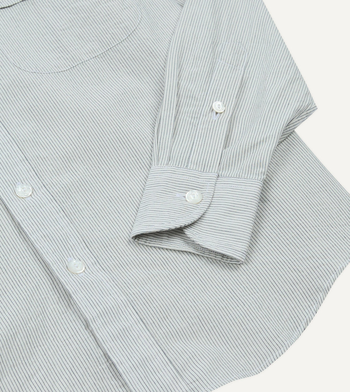 Drake's White and Navy Stripe Cotton Mandarin Collar Shirt