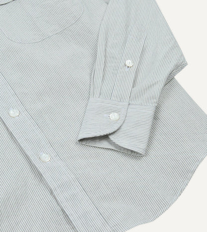 Drake's White and Navy Stripe Cotton Mandarin Collar Shirt