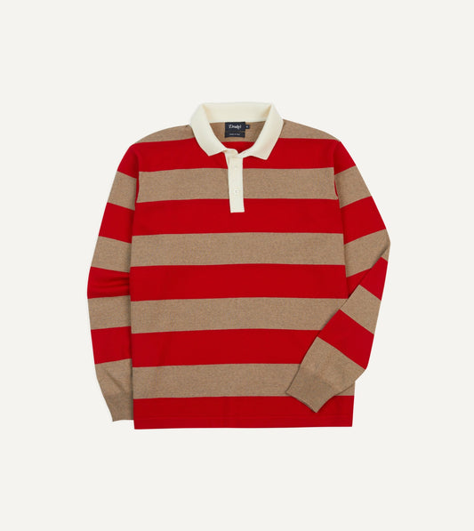 Drake's Red and Tan Block Stripe Knitted Rugby Shirt