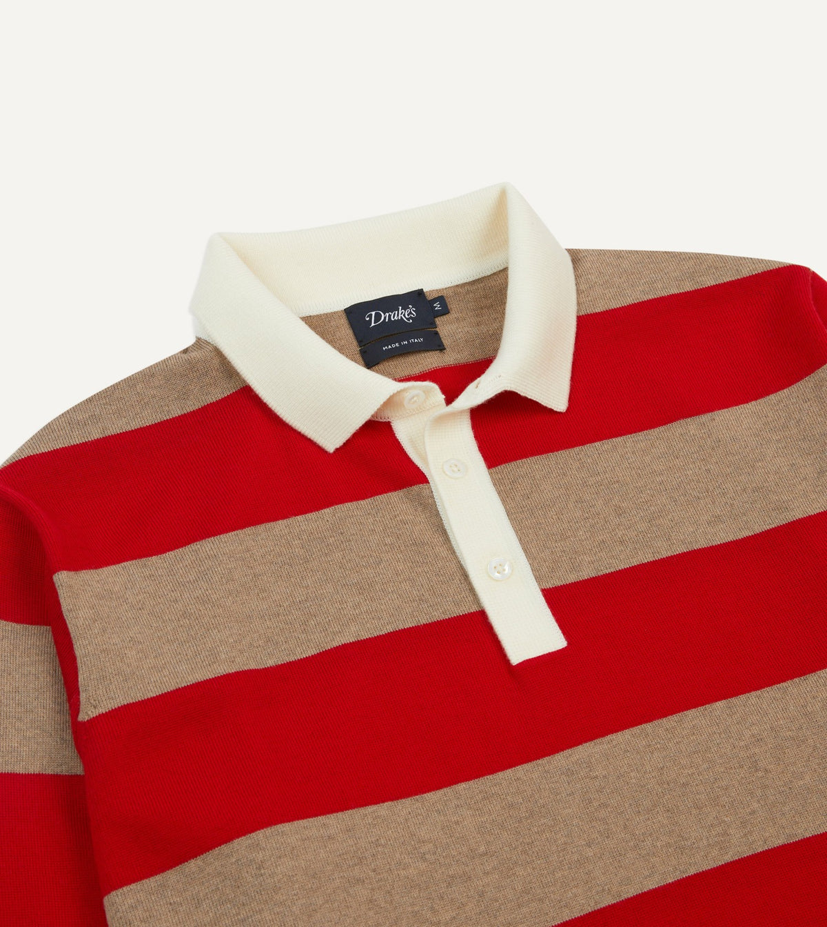 Drake's Red and Tan Block Stripe Knitted Rugby Shirt