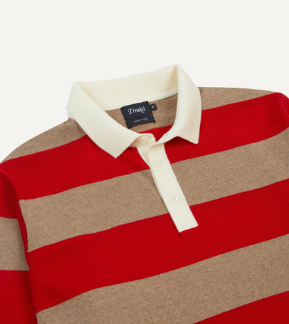 Drake's Red and Tan Block Stripe Knitted Rugby Shirt