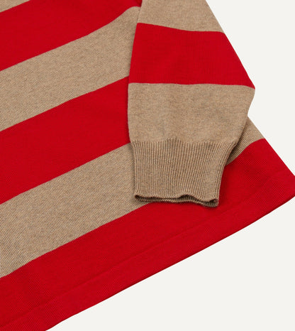 Drake's Red and Tan Block Stripe Knitted Rugby Shirt