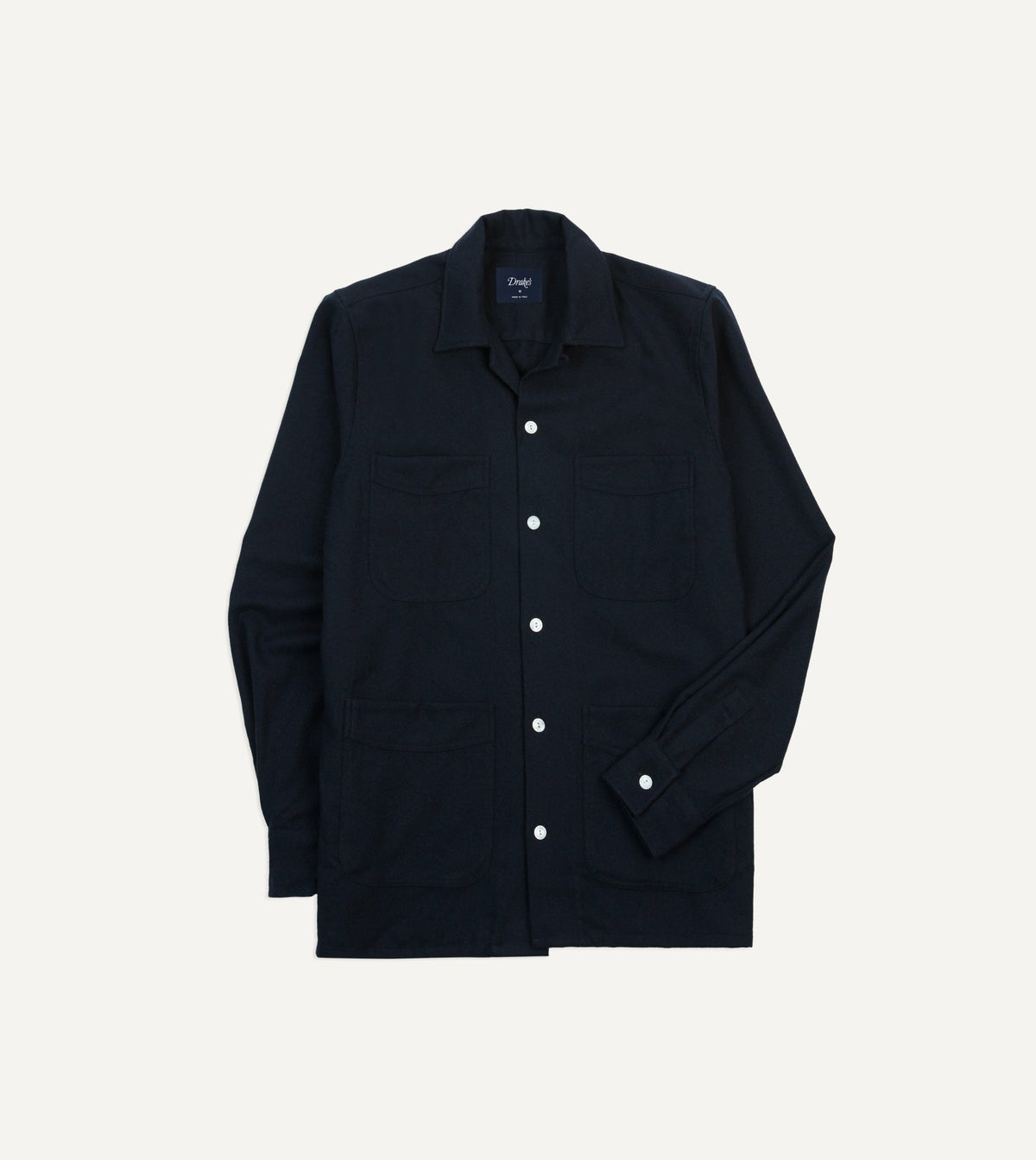 Drake's Navy Wool Four-Pocket Camp Collar Work Shirt