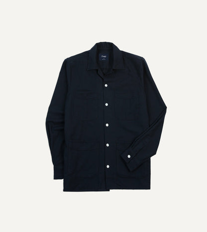 Drake's Navy Wool Four-Pocket Camp Collar Work Shirt