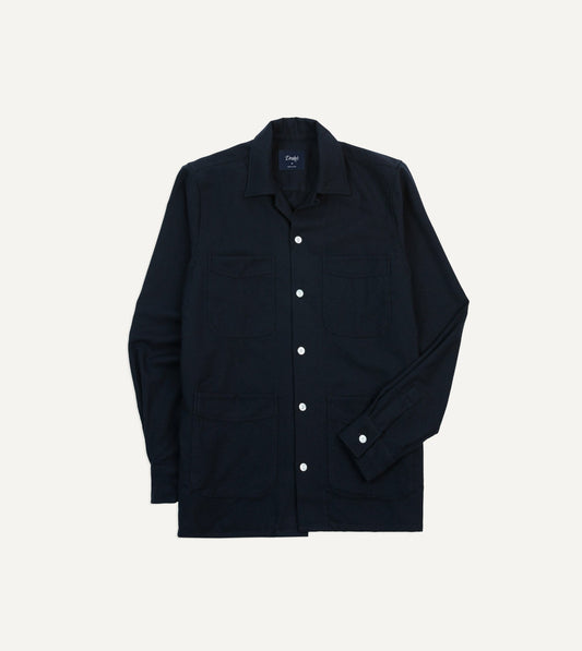 Drake's Navy Wool Four-Pocket Camp Collar Work Shirt