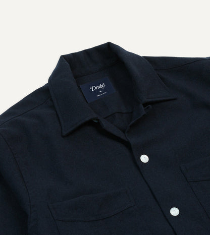 Drake's Navy Wool Four-Pocket Camp Collar Work Shirt