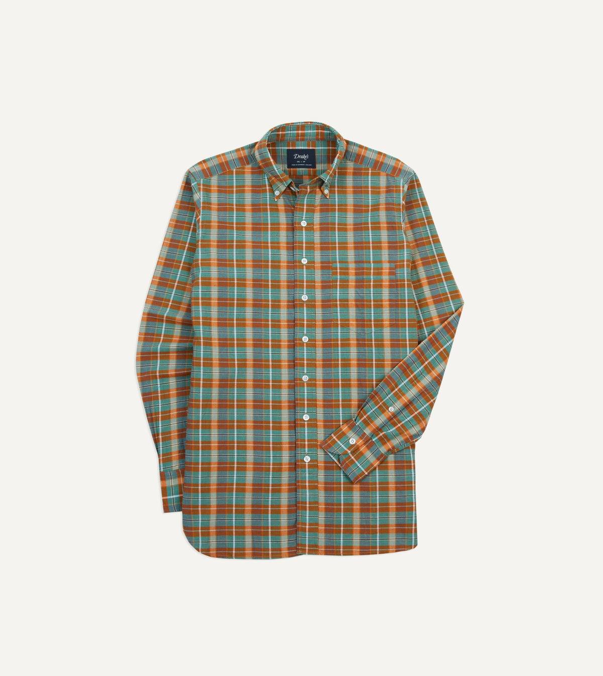 Drake's Orange and Blue Madras Check Cotton Button-Down Shirt