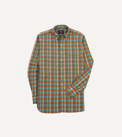 Drake's Orange and Blue Madras Check Cotton Button-Down Shirt
