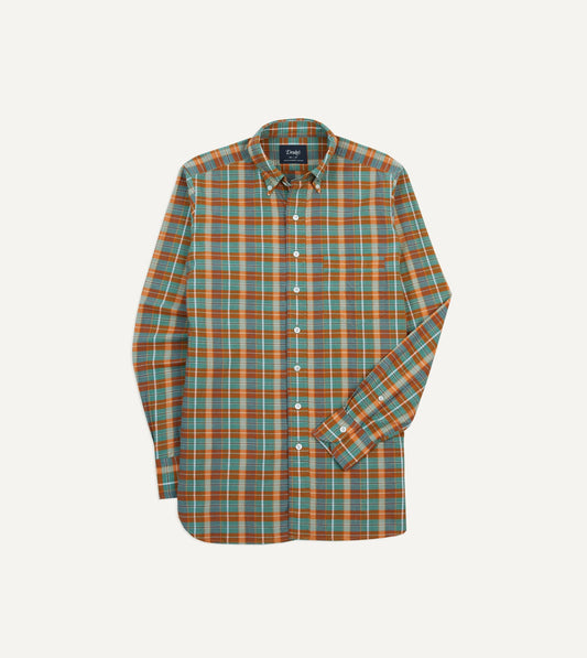 Drake's Orange and Blue Madras Check Cotton Button-Down Shirt