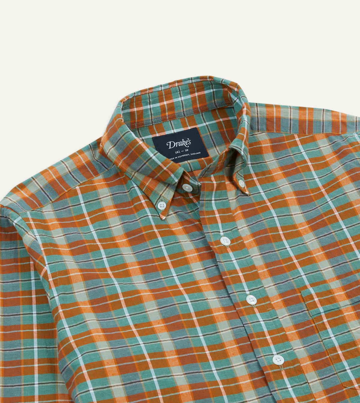 Drake's Orange and Blue Madras Check Cotton Button-Down Shirt