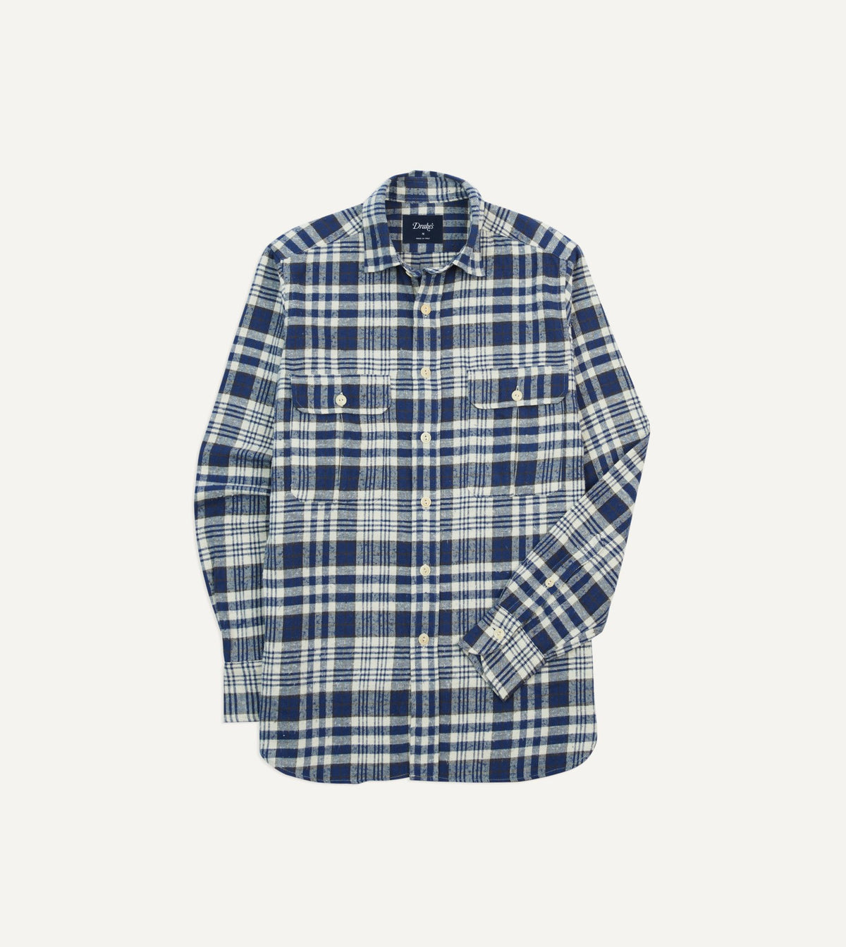 Drake's Blue Check Brushed Cotton Two-Pocket Work Shirt