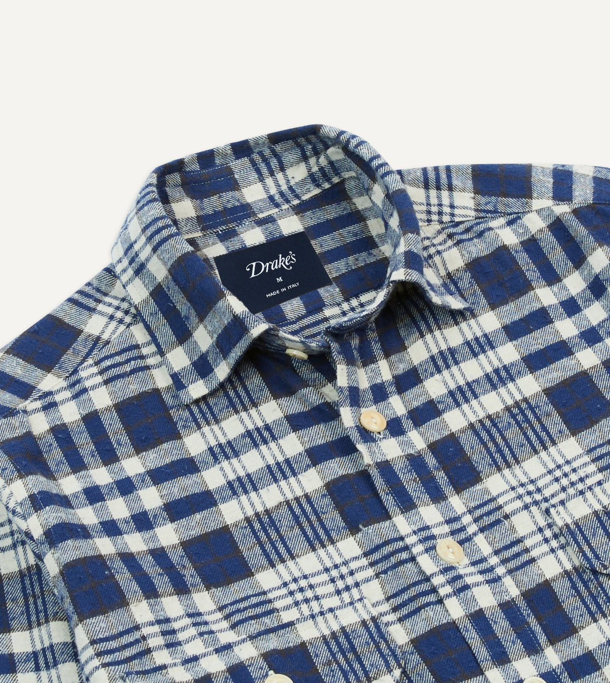 Drake's Blue Check Brushed Cotton Two-Pocket Work Shirt