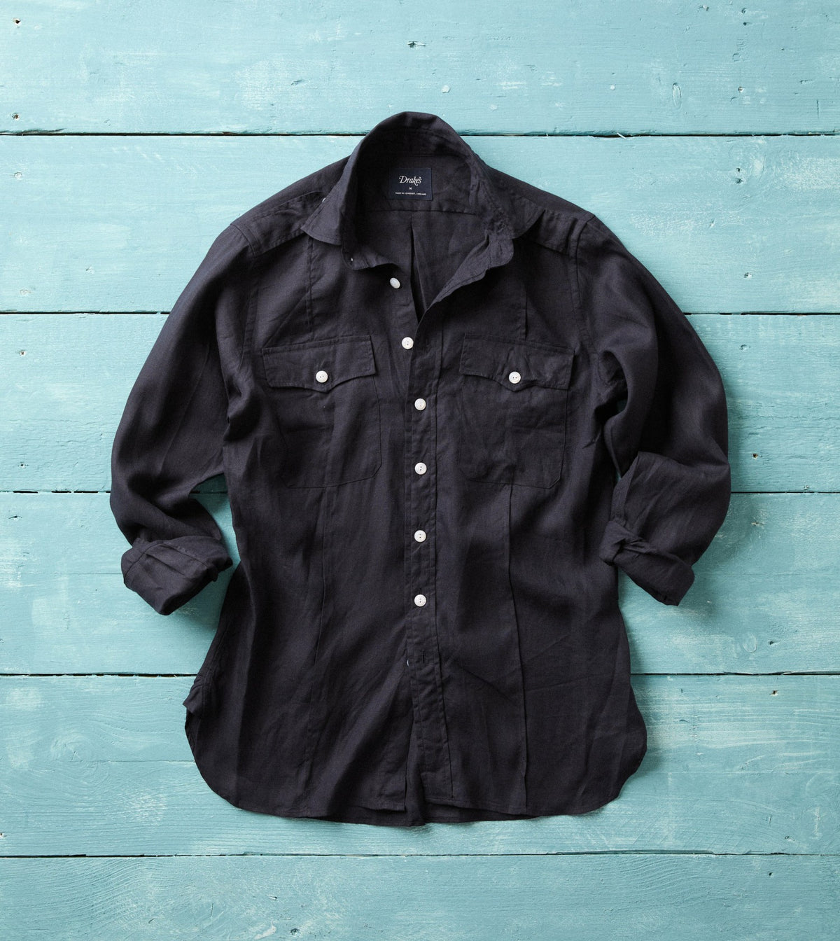 Drake's Navy Linen Pintuck Military Shirt