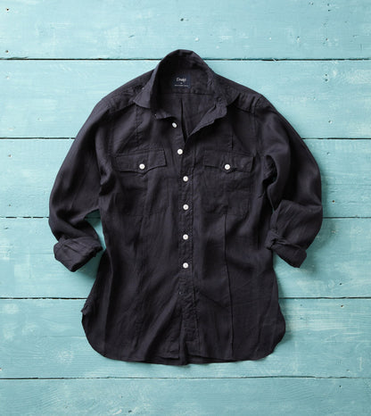 Drake's Navy Linen Pintuck Military Shirt
