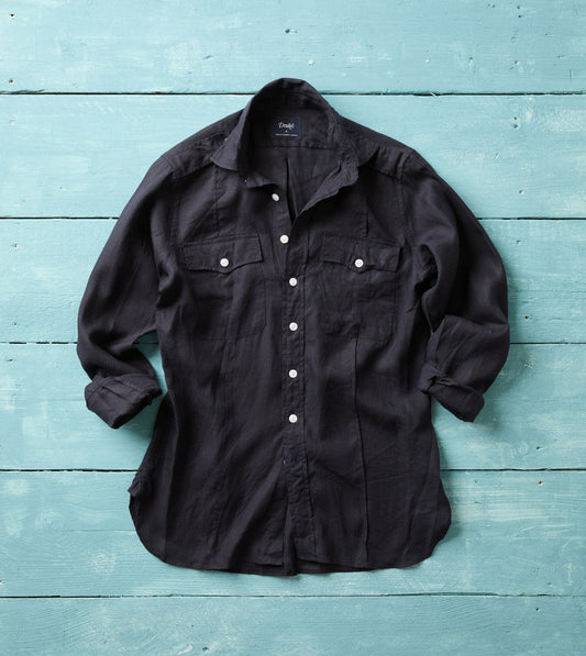 Drake's Navy Linen Pintuck Military Shirt