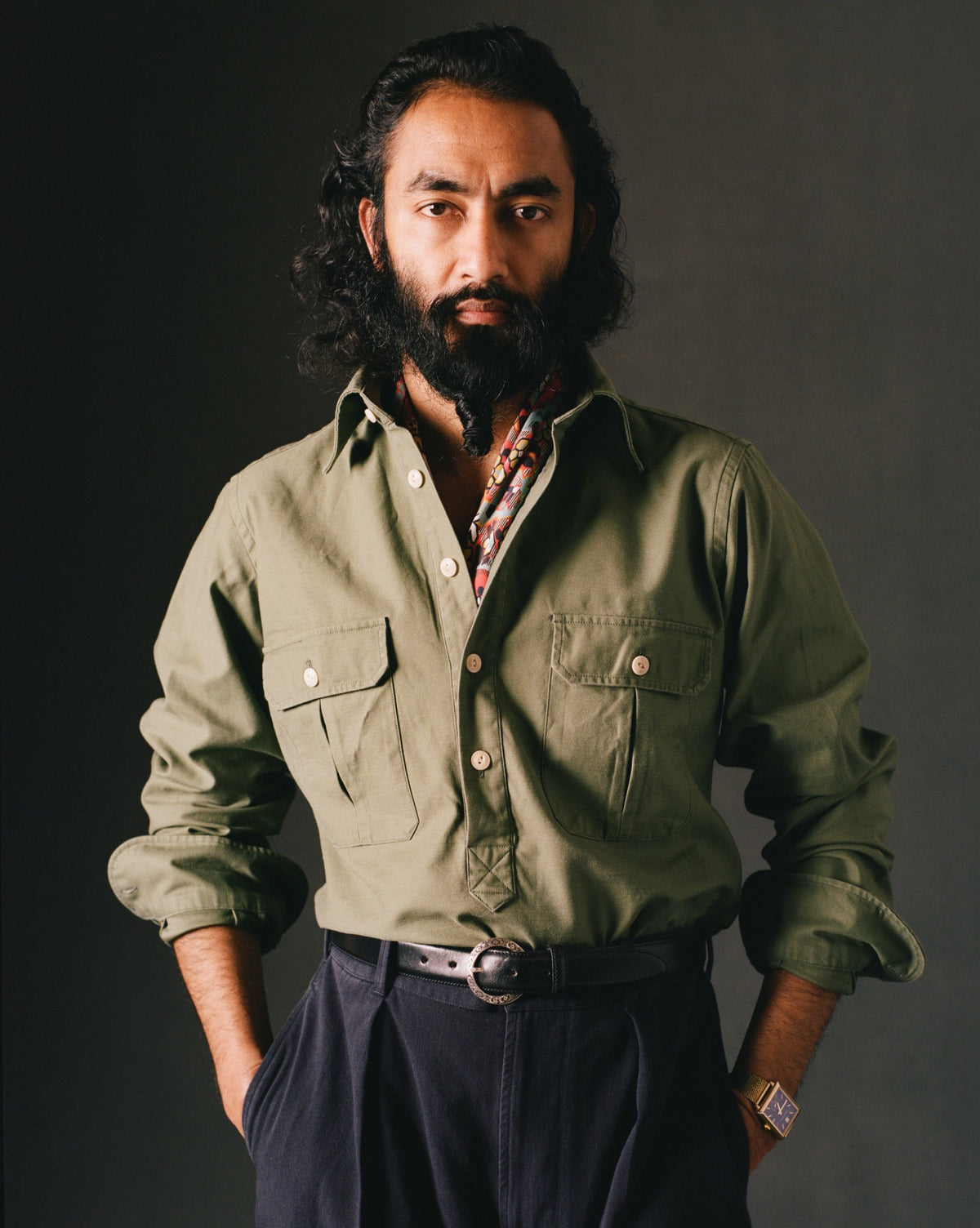Drake's Green Satin Cotton Popover Work Shirt