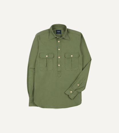 Drake's Green Satin Cotton Popover Work Shirt