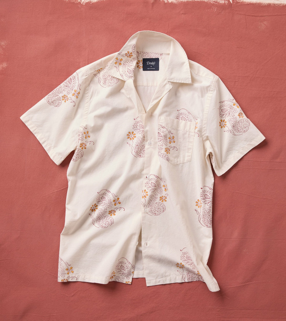 Drake's Ecru Floral Block Print Cotton Camp Collar Short Sleeve Shirt
