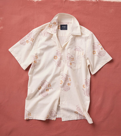 Drake's Ecru Floral Block Print Cotton Camp Collar Short Sleeve Shirt