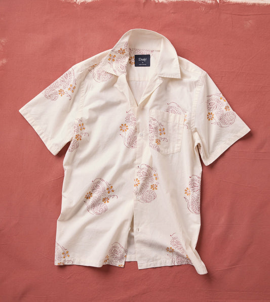 Drake's Ecru Floral Block Print Cotton Camp Collar Short Sleeve Shirt