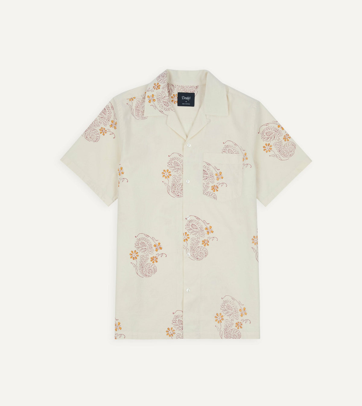 Drake's Ecru Floral Block Print Cotton Camp Collar Short Sleeve Shirt