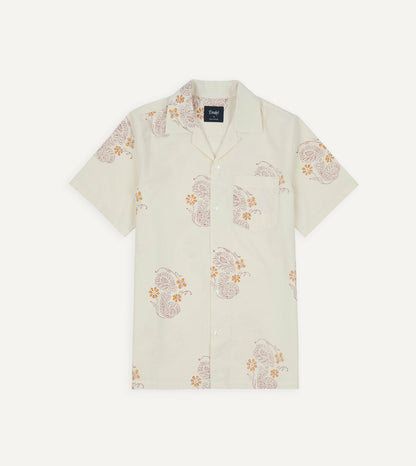 Drake's Ecru Floral Block Print Cotton Camp Collar Short Sleeve Shirt
