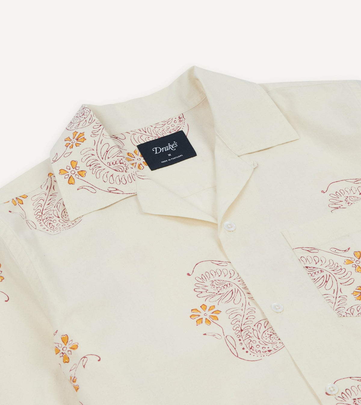 Drake's Ecru Floral Block Print Cotton Camp Collar Short Sleeve Shirt