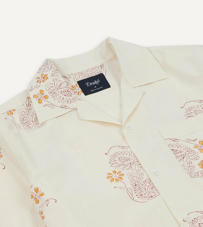 Drake's Ecru Floral Block Print Cotton Camp Collar Short Sleeve Shirt