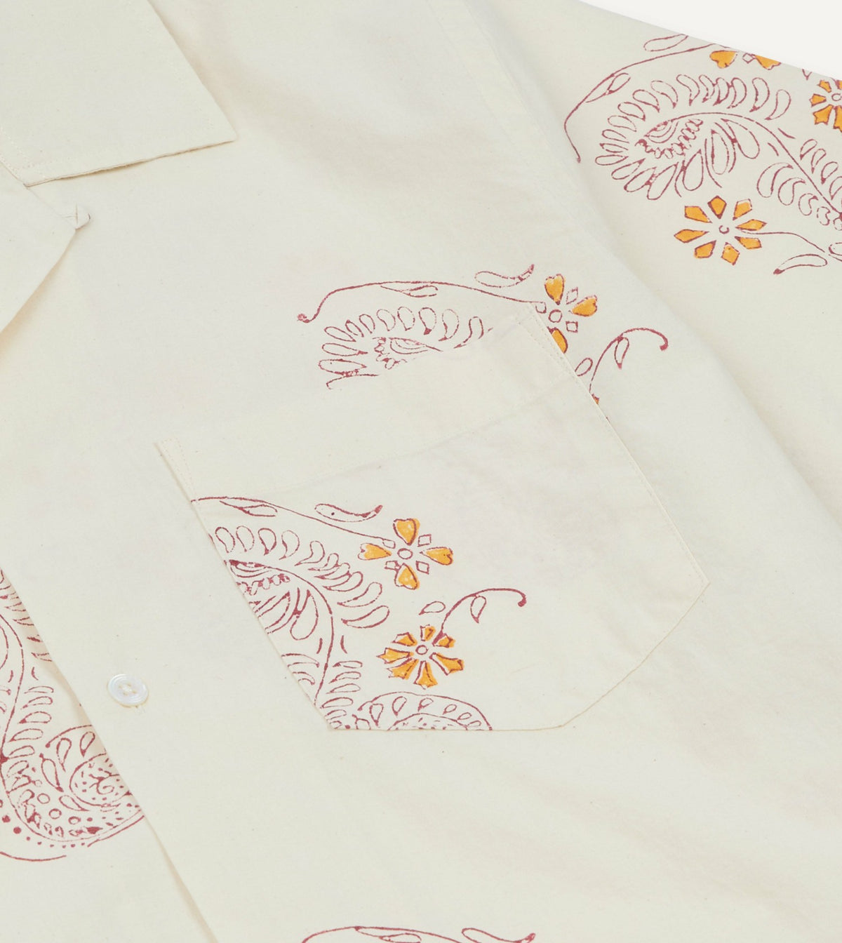 Drake's Ecru Floral Block Print Cotton Camp Collar Short Sleeve Shirt