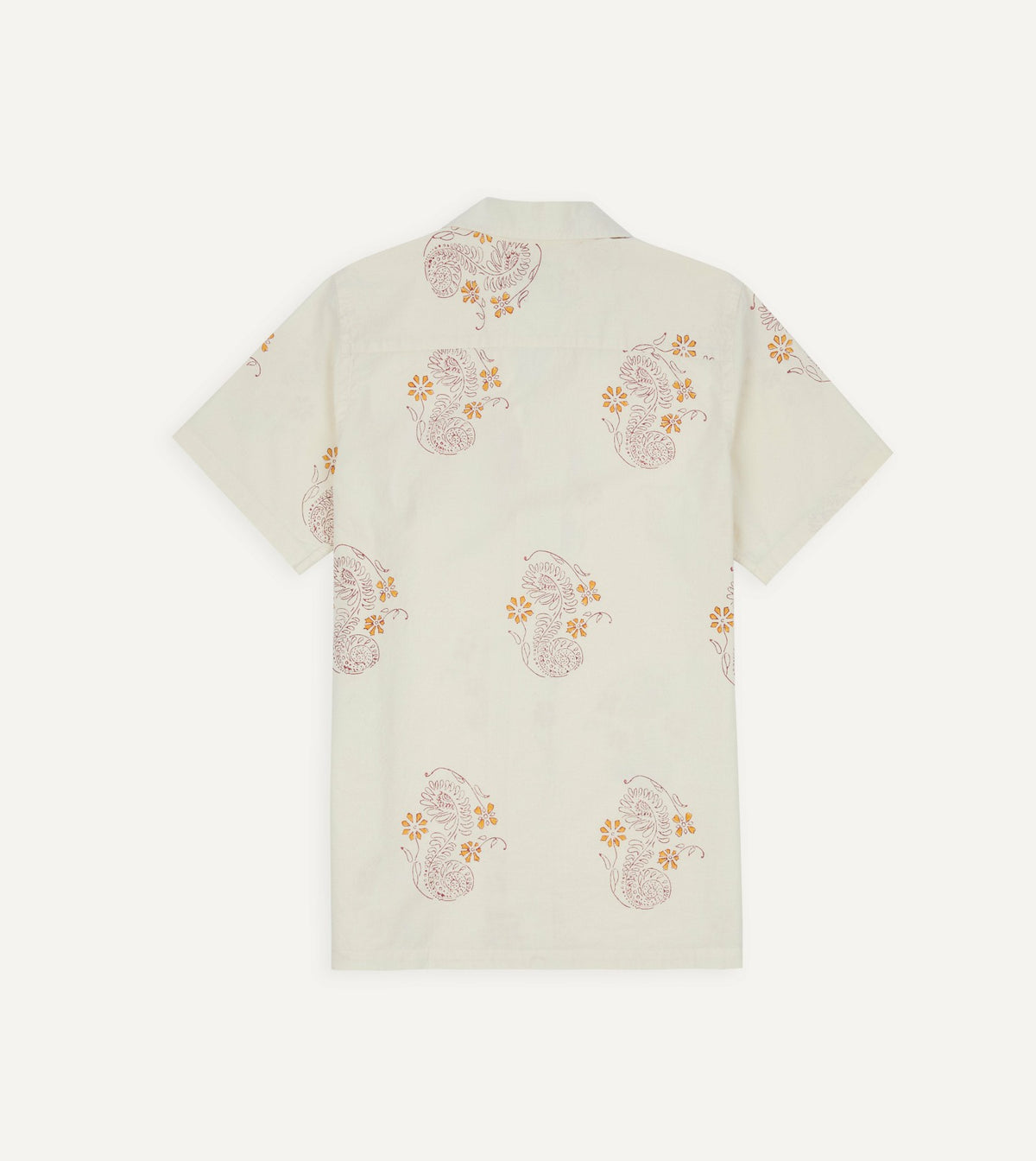 Drake's Ecru Floral Block Print Cotton Camp Collar Short Sleeve Shirt