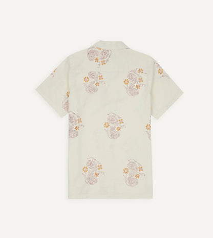Drake's Ecru Floral Block Print Cotton Camp Collar Short Sleeve Shirt