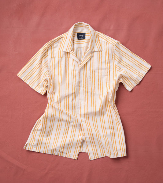 Drake's Yellow Triple Stripe Block Print Cotton Camp Collar Short Sleeve Shirt