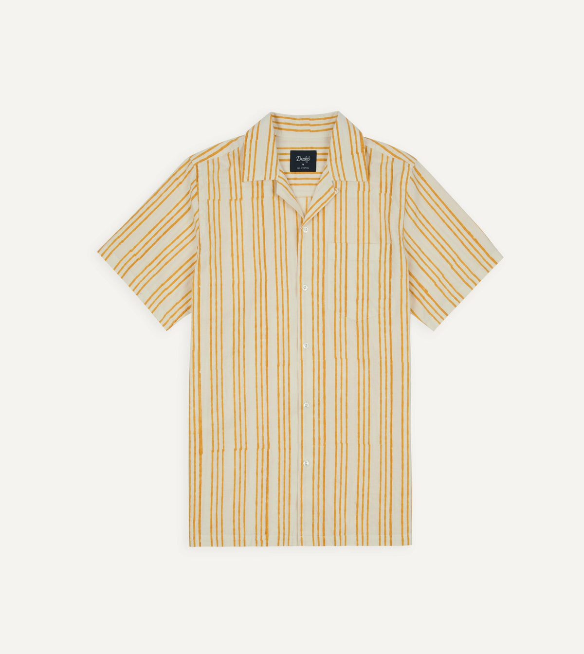 Drake's Yellow Triple Stripe Block Print Cotton Camp Collar Short Sleeve Shirt