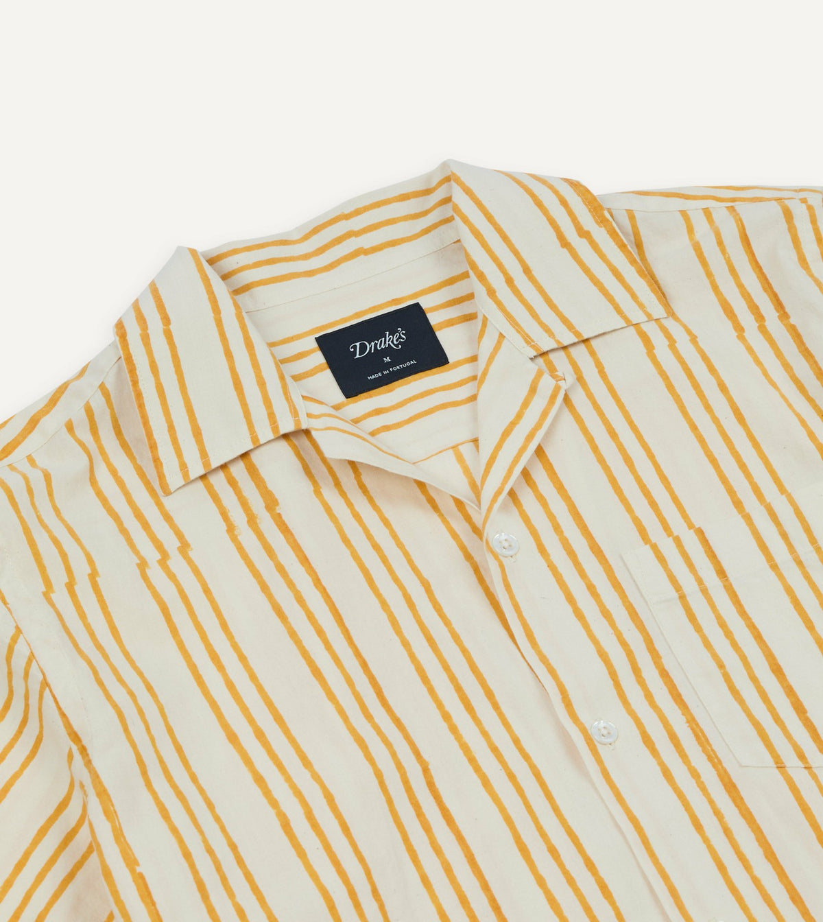 Drake's Yellow Triple Stripe Block Print Cotton Camp Collar Short Sleeve Shirt