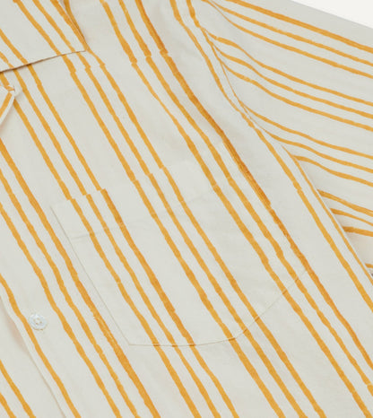 Drake's Yellow Triple Stripe Block Print Cotton Camp Collar Short Sleeve Shirt