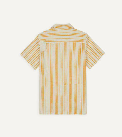 Drake's Yellow Triple Stripe Block Print Cotton Camp Collar Short Sleeve Shirt