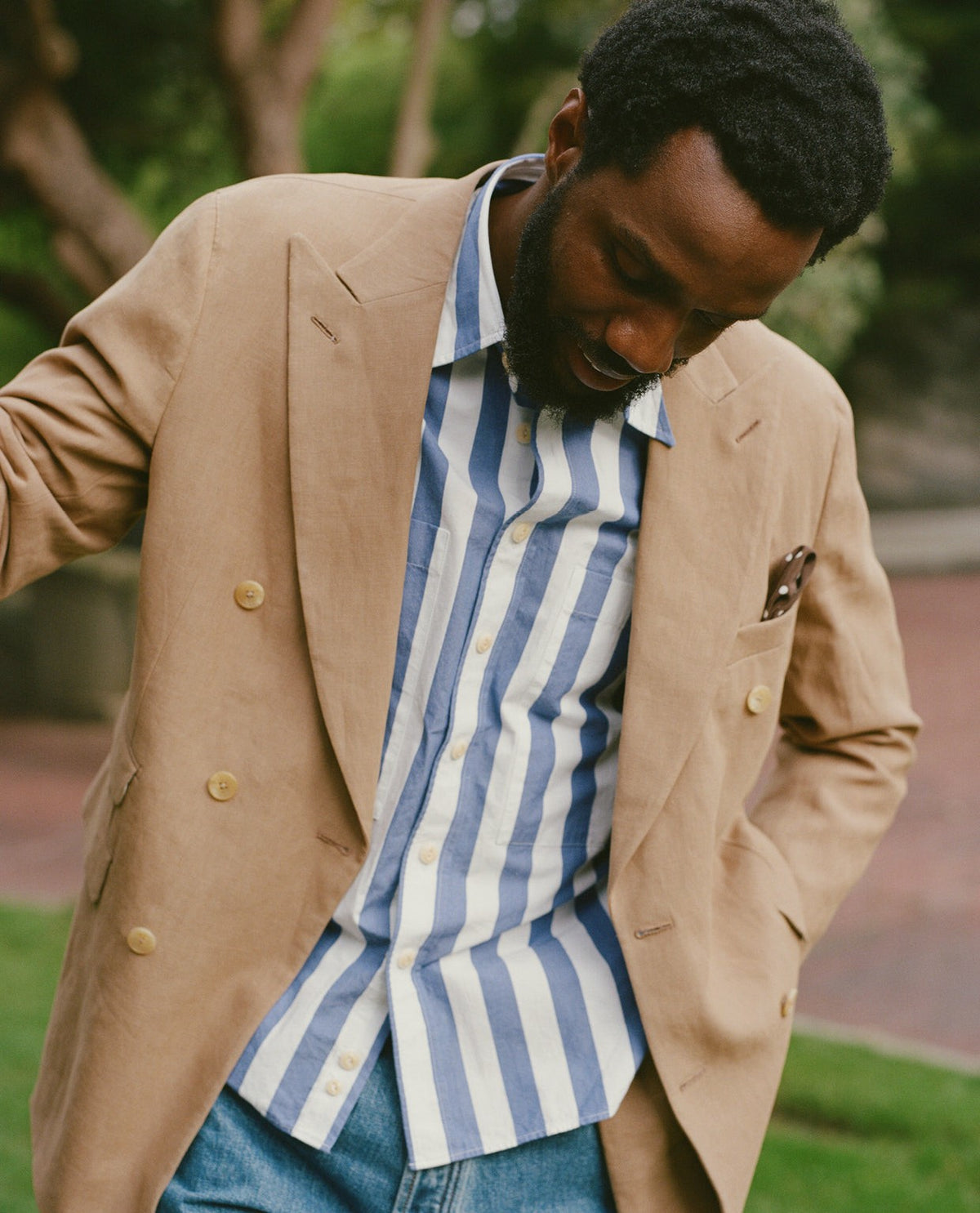 Drake's Blue and White Awning Stripe Cotton Long Point Collar Shirt