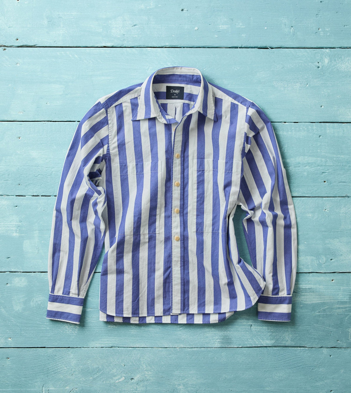 Drake's Blue and White Awning Stripe Cotton Long Point Collar Shirt