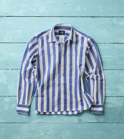 Drake's Blue and White Awning Stripe Cotton Long Point Collar Shirt