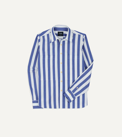 Drake's Blue and White Awning Stripe Cotton Long Point Collar Shirt