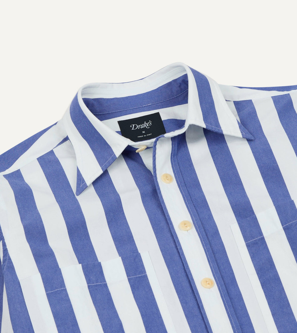 Drake's Blue and White Awning Stripe Cotton Long Point Collar Shirt