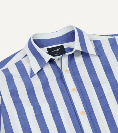 Drake's Blue and White Awning Stripe Cotton Long Point Collar Shirt